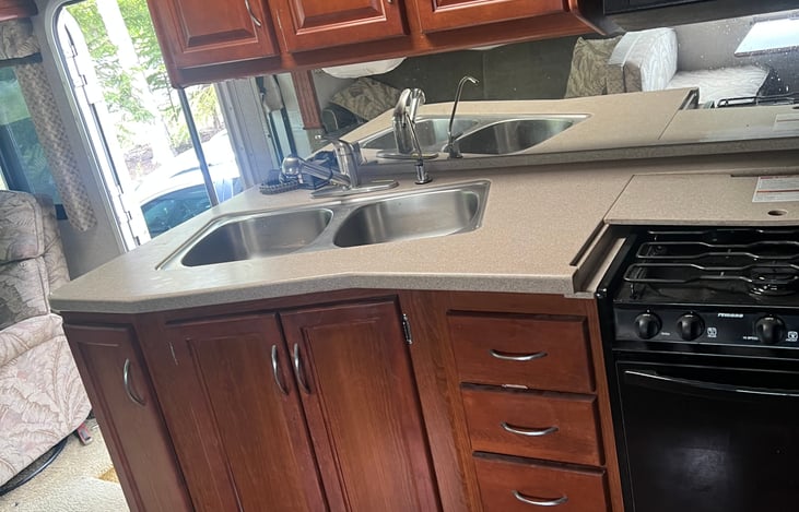 large double sink. lots of counter space.