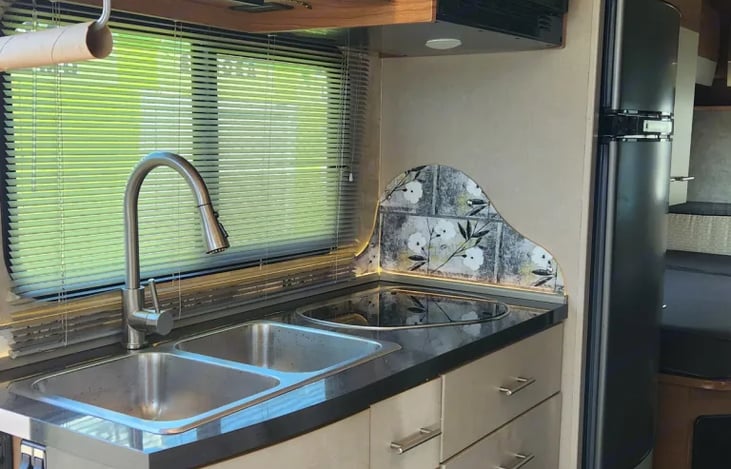 The kitchen is great but if you are plugged into services and want to save propane I have included an electric griddle/grill for your convenience. There is a firepit as well and included wood pellets.