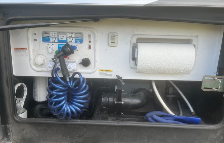 Wet bay with fresh water fill, Macerator, outdoor shower.