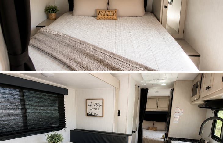 Queen Size Bed. The Dining table also converts to a Bed that can sleep 2 people