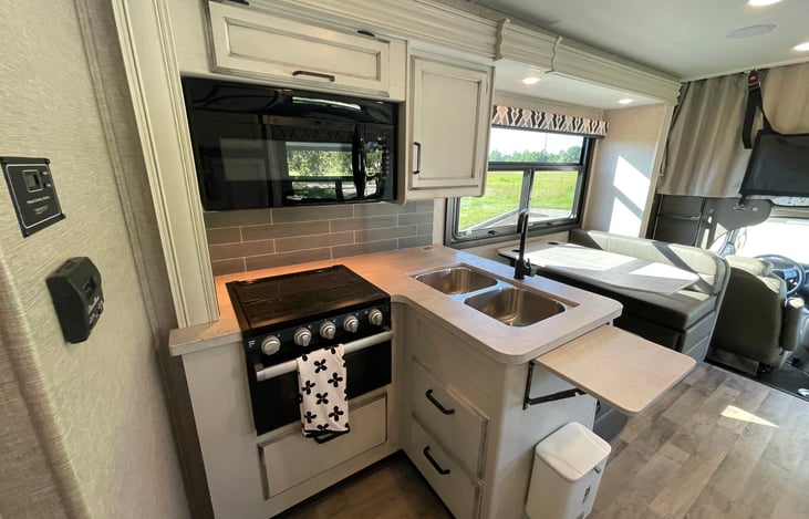 Full sink, microwave, stove and oven.