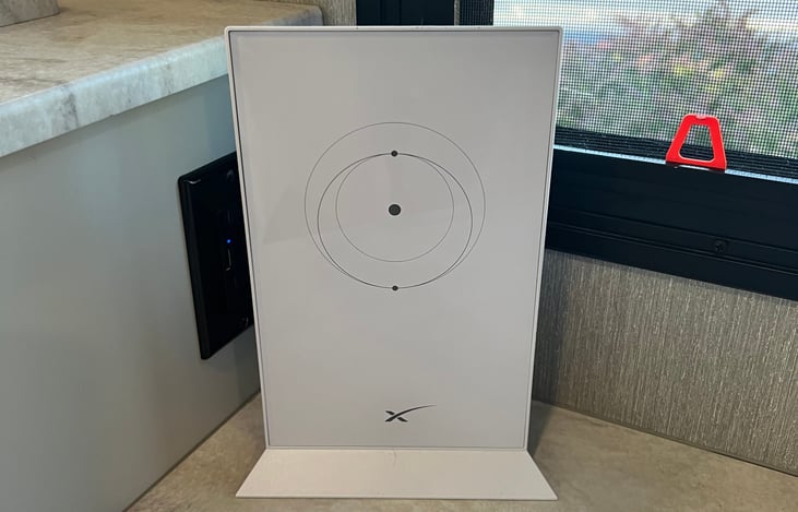 This is the Starlink router. It will cast a Wi-Fi signal that everyone in and around the coach can connect to. Even at the top of a mountain or in the middle of the Sahara desert 🤯