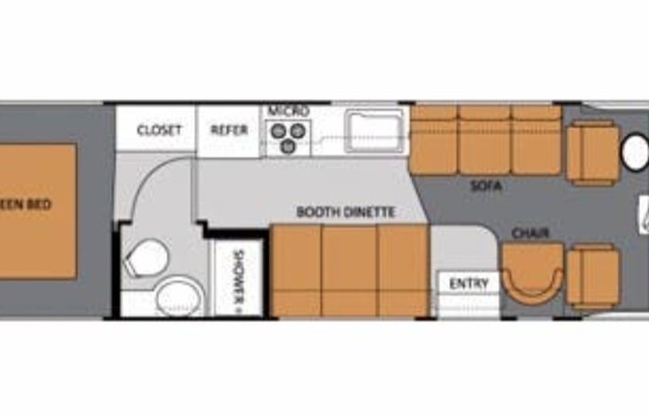 This is the Layout for this Q30 Thor. The master bedroom is in the rear, the booth dinette converts to a 2 person sleeper, and the sofa is a futon that converts to a sleeper for 2.