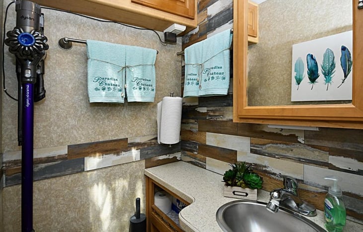 Restroom with all the towels etc.  Dyson portable vacuum.