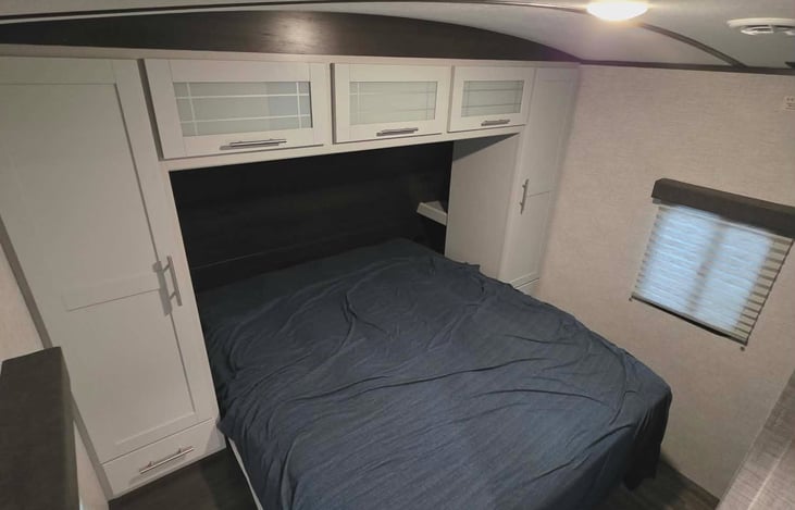 Master bedroom with queen size bed, has upgraded mattress