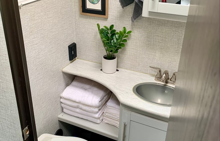 Bathroom. The 4 towels, 4 wash clothes, 4 hand towels, hair dryer, hand soap, bathroom odor spray can be added with the Bathroom Package.