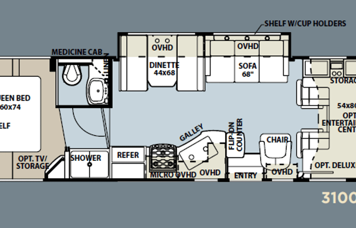 Floorplan, ours has the bed above the cab instead of the entertainment option, and the new couch left no room for the shelf behind with the cupholders.