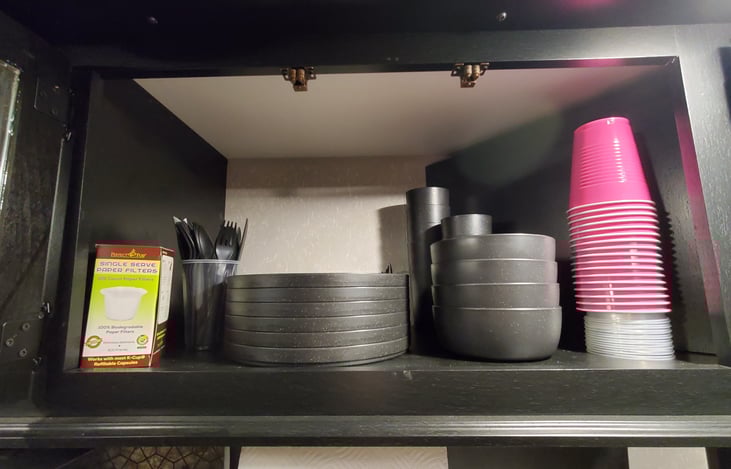 Dishes, silverware, cups... even a Keurig reusable filter pod for those of you that like to bring your own coffee when you travel.
