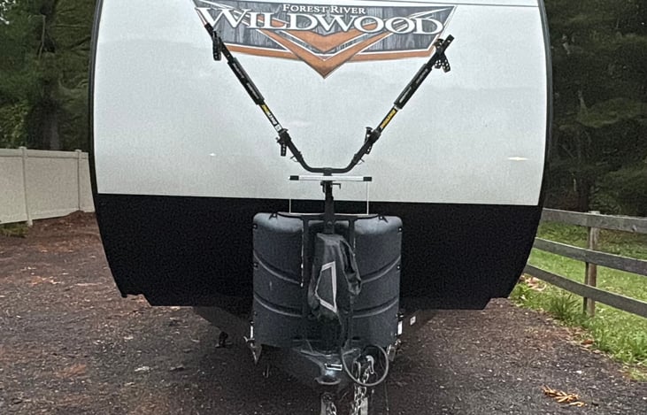 Front of the camper with included Bike Wing to easily and conveniently transport two bicycles.