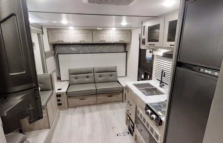 Queen Murphy Bed in its upright position for additional lounging space