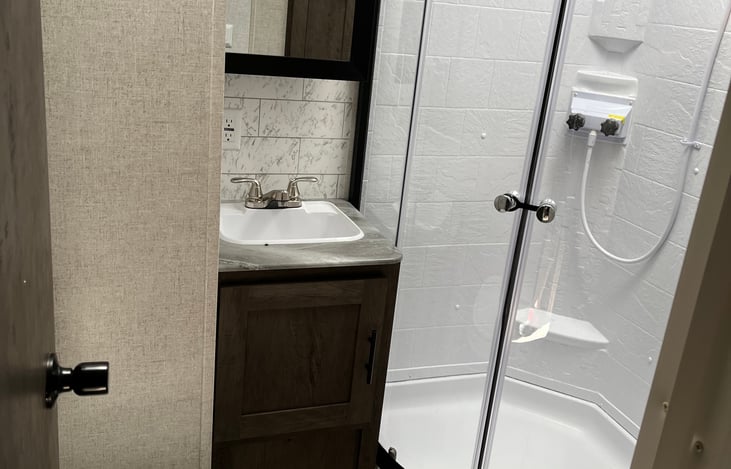 Bathroom with large, walk-in shower. Bathroom linens will not be provided.