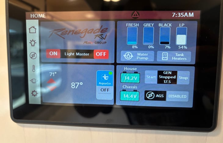 Multiplex Control System w/App Control. Here you can monitor your tank levels, turn on & off your water pump, as well as tank-less water heater, access all your lights and much more!