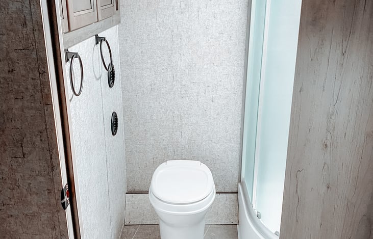 The bathroom is bright and spacious with 3 large cupboards with towels, wash cloths and addition storage for things you brought.