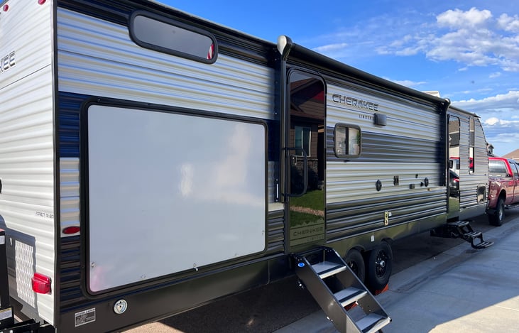 Outdoor kitchen next to main entrance