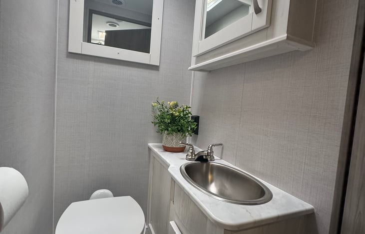 Private toilet and sink in restroom area