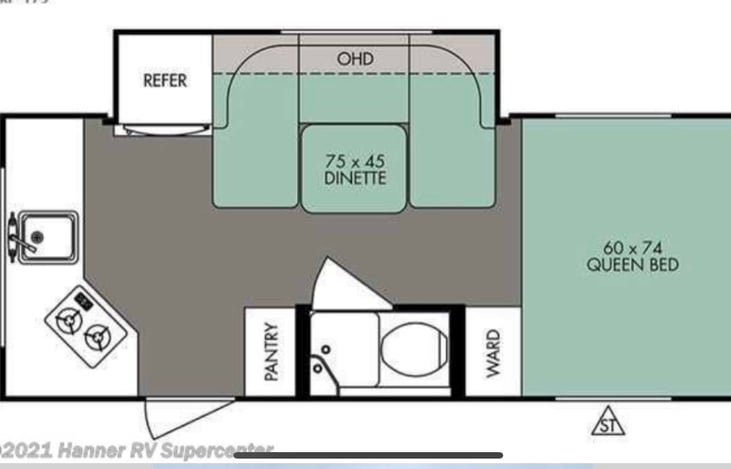 This is the Birds eye view of the layout. The bathroom is small and we typically do not shower in it. The bathroom sink is really small. I normally wash my hands in the kitchen sink.