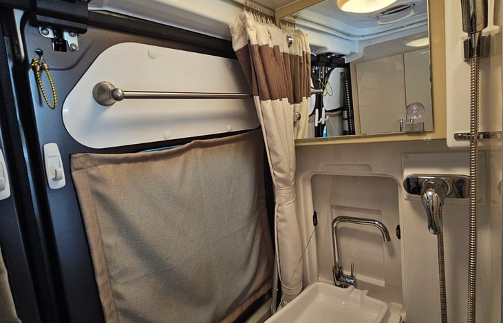 Sink, shower and medicine cabinet.