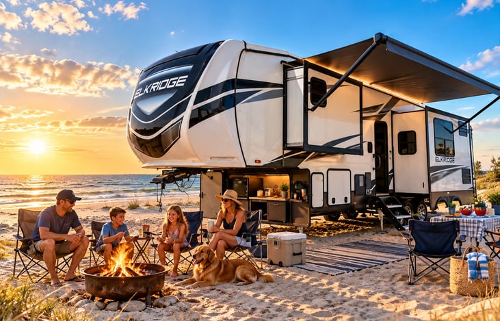 Imagine sunny beach days, laughter around the campfire, and unforgettable family memories at The Country Retreat! Lifestyle illustration