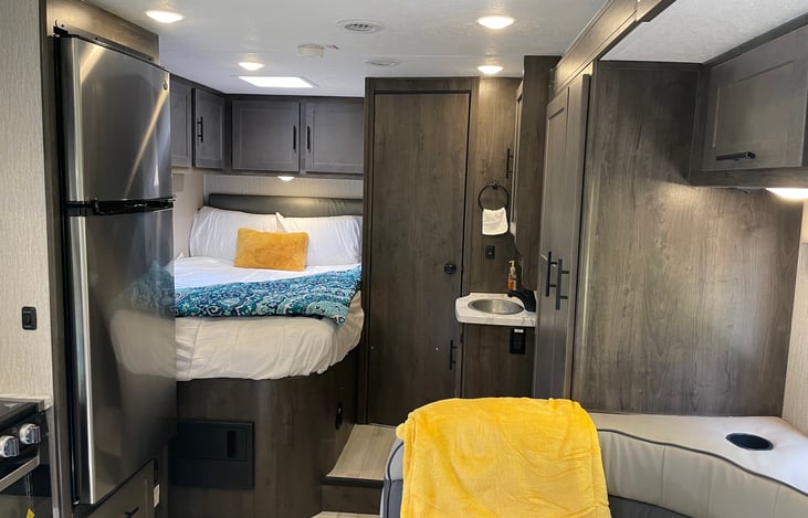 Looking to the rear. Comfy double bed, bathroom