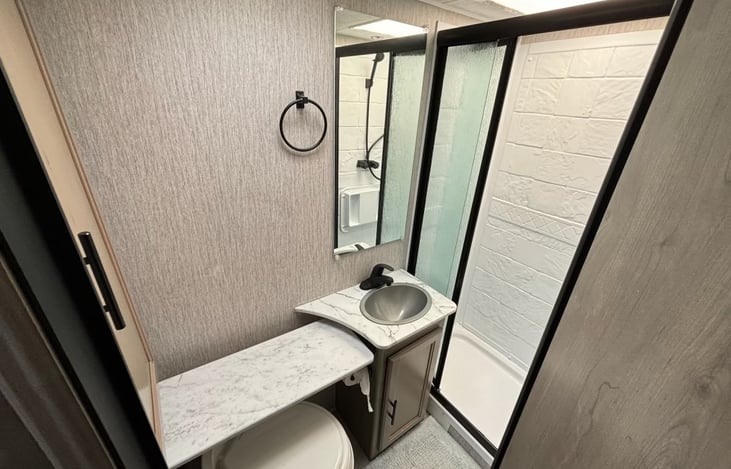 Shower, sink, toilet