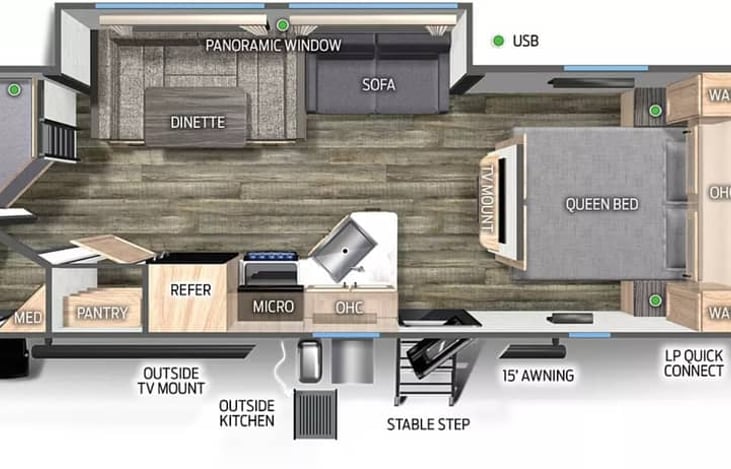 Expansive open-concept layout showcasing the full luxury camper