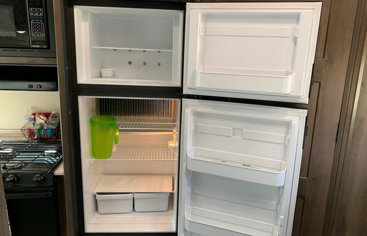 Save money, and pack your own food and snacks. Propane powered refrigerator/freezer.