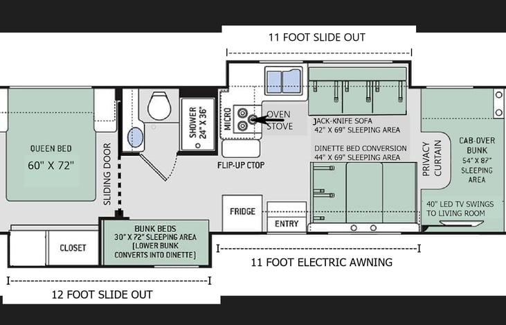 double slide out gives a perfect layout with a private queen bedroom