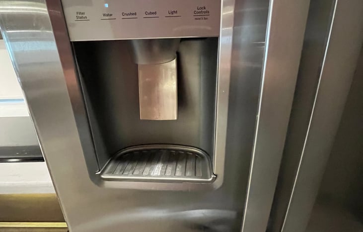 Ice and chilled water dispenser in freezer door.