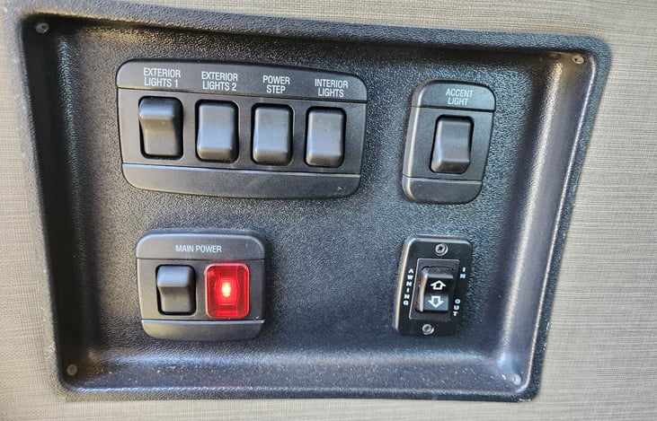 Main power switch powers all lighting (interior, exterior and accent lighting), awning and generator.