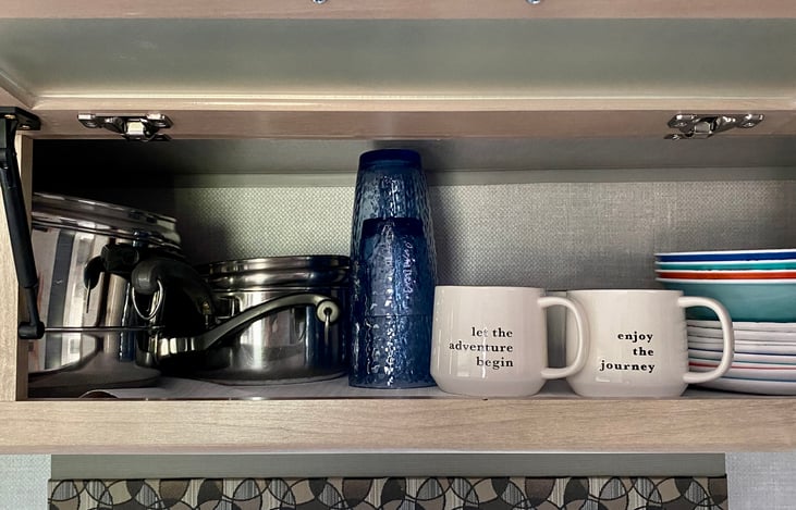 Plates, bowls, glasses, coffee mugs, pots and pans.