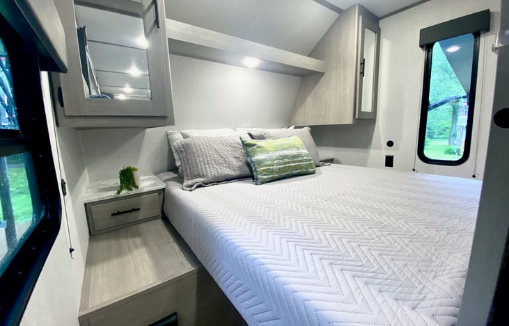 Master suite with comfortable queen bed, nightstands and usb chargers. Also has blackout shades for privacy and sleeping in!