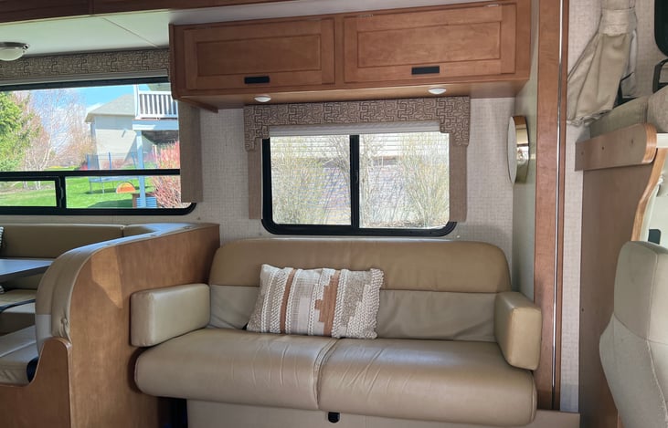 Jackknife sofa folds out to sleep up to two people.