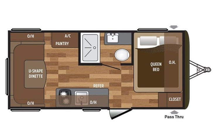 The bought this camper because of the u-shaped dinette at the end of the trailer with windows on three sides.