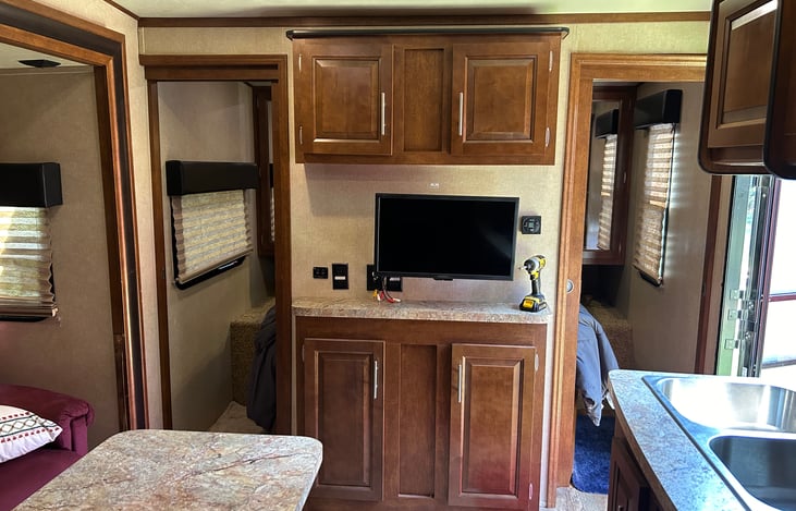 View dem restroom entertainment wall and master bedroom entrance