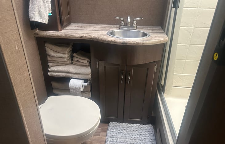 Toilette, sink, and shower with a sliding wood door for privacy.