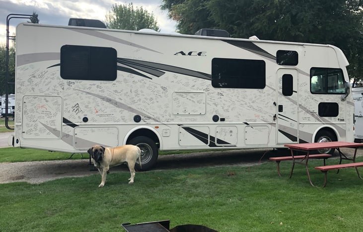 The RV was our home on wheels when we toured the country in 2018 doing 66 events for a women's wellness series. Attendees signed the exterior before we wrapped it