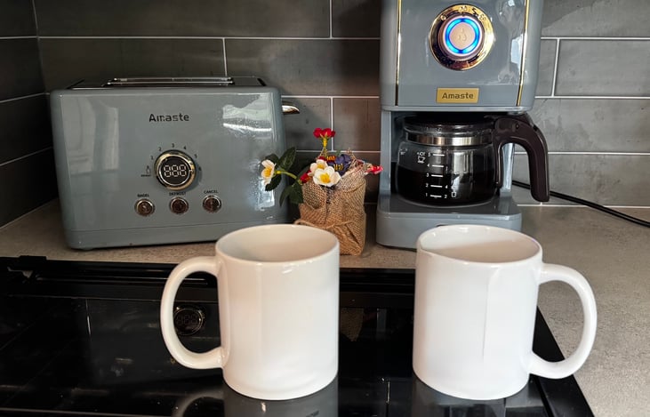 Included essentials, such as toaster, coffee maker, glassware and utensils