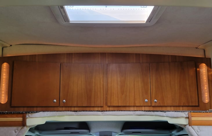 Storage cabinets galore with picture of skylight
