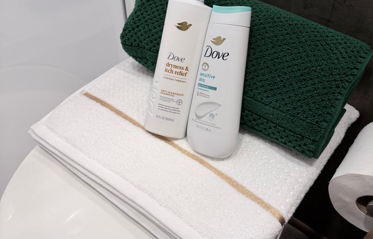 Comes with Dove body wash and shampoo