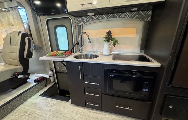 kitchen offers 2 gas burners, a convection microwave, additional counter space and roomy sink