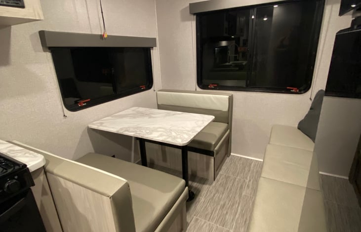 Dining area at the rear of the camper.