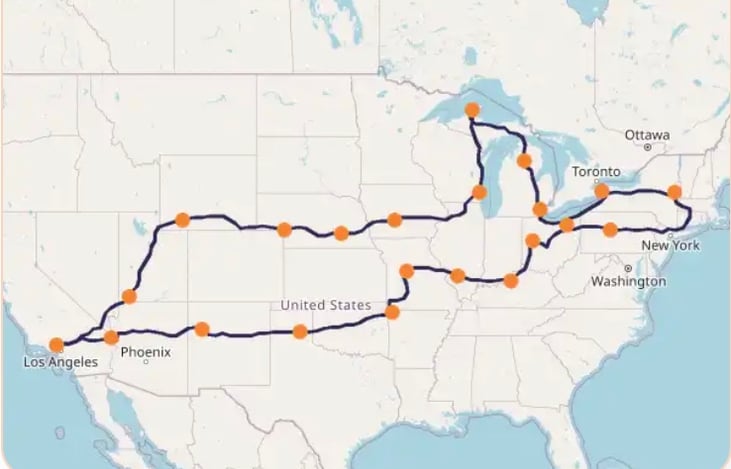 Tin Shrimp's East to West and back map from 2024.