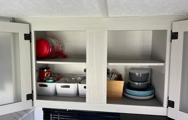 Plates, cups, wine glasses, coffee cups, bowls/food storage, camp set cookware are included.