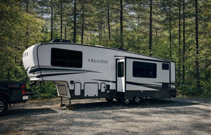 Full exterior profile of the Arcadia 3307BH showing spacious slide-outs and modern design, ready for adventure.