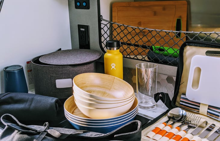 Stocked with everything you need to turn your camping experience into a glamping experience. Everything from plates, to cups, to a coffee maker is included in the rental.