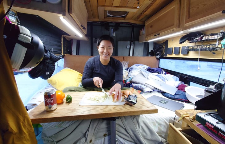 Lagun table helps extend counter space, and serves as a dining table as well