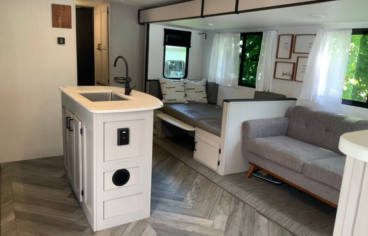 Spacious kitchen/dining/living room.