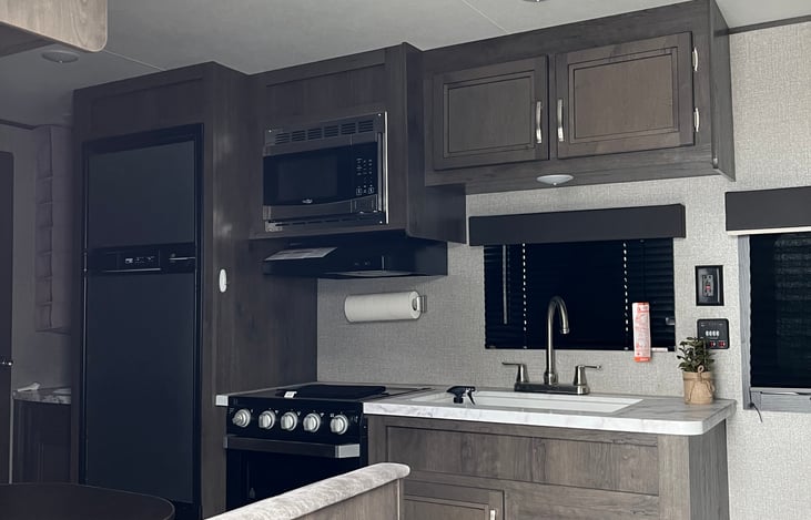 View of kitchen from front door