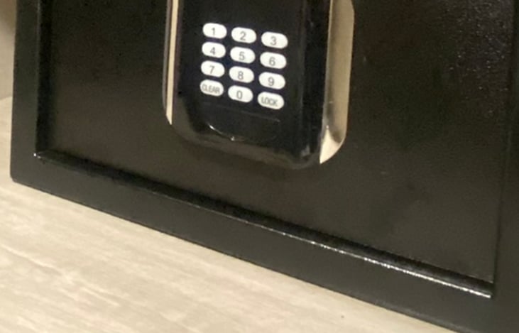 digital hotel safe tucked into top shelf of master bedroom closet ( code provided at check-in )