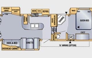A 5th wheel travel trailer suited for 2 people